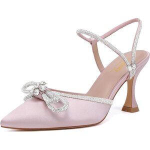 Women's Rhinstone Light Pink Strap Bow Closed Toe Adjustable Pumps Heeled Shoes
